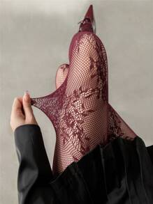 1 paire de collants femme haut de gamme de style rétro français à motif de rose en dentelle, collants skinny à haute élasticité, design ajouré transparent pour affiner la silhouette