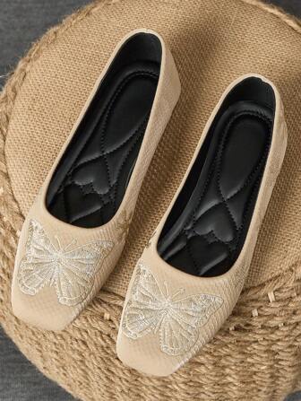 WHDXY 1 双女士刺绣蝴蝶平底一脚蹬牛津鞋，百搭软底低帮奶奶鞋，圆头舒适乐福鞋，适合秋季