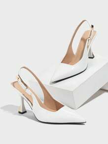 Women's Pointed Toe Closed Toe Metal Buckle Decor Solid Color High Heel Shoes, Slip-On Comfortable Formal Dress Pumps For Work, Commuting And Daily Wear, Suitable For Autumn/Winter, White Glossy, Elegant - White - View 6