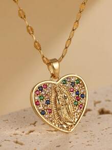 不锈钢项链，圣母玛利亚吊坠镶嵌立方氧化锆，女士款，适合婚礼、派对和日常佩戴