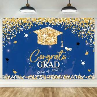 Fondo de pared para fiesta de graduación, Felicitaciones a la clase graduada del 2025, Fondo de fotografía de uso múltiple, Temas azul y dorado, No se necesita electricidad, Apto para graduaciones, bailes y celebraciones en general
