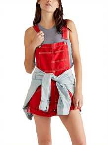 Women Denim Bib Overalls Adjustable Straps Pocket Romper Shorts Casual Rolled Cuff Shortalls - Đỏ - Xem 2