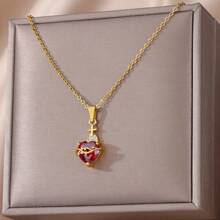 1 pieza Collar de acero inoxidable con colgante de cruz y corazón de circonita, cadena de gargantilla con dije rojo, apto para fiesta y uso diario, regalo de joyería