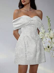 Ladies Bowknot, Off The Shoulder, Waist Cinched, Wedding Party Dress, Wedding Guest Dress - trắng - Xem 8