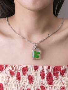 Collar con colgante de trébol de la suerte para mujer, collar cuadrado de resina de vidrio redondo para el día de San Patricio, joyería de plantas de amor y suerte