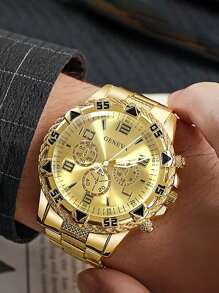 High-End Business Oversized Dial Triple Eye Steel Bracelet Watch, Blue Tinted Glass, Round Dial, Ideal Gift For Men
