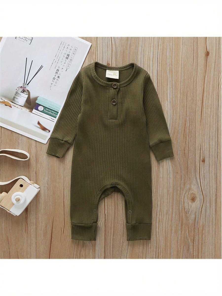 Newborn Baby Boy Girl Knitted Rib Romper Infant One Piece Jumpsuit Cotton Solid Long Sleeve  Bodysuit Basic Coming Home Outfits - xanh quân đội - Xem 1
