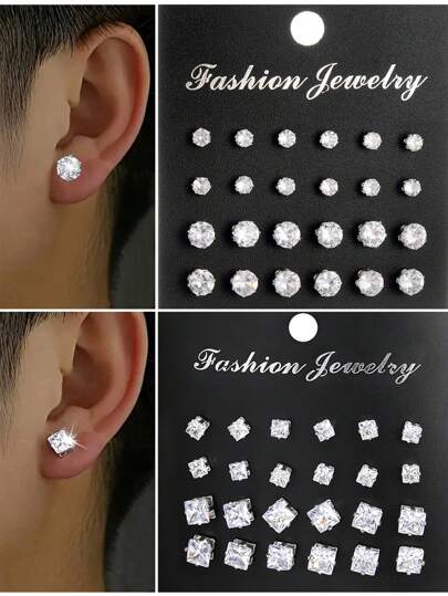 48pcs Geometric Round Square Cubic Zirconia Shiny Stud Earrings, Simple Punk Hip Hop Style, Big Set, Suitable For Party, Festival, Date, Gift And Daily Wear