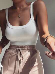 ChicMe U 领无袖细肩带罗纹紧身衣修身弹力基本款背心经典百搭分层衬衫女式