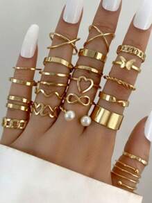 22PCS Gold Color Butterfly & Heart Shaped Multiple Joint Rings Set For Women - Multicolor - View 2