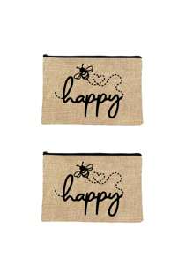 Make-uptas met opdruk van de letters "Happy" en een klein bijenpatroon - lichtgewicht en geurloze reistas van polyester, geschikt voor natuurliefhebbers en vrouwen, leuke multifunctionele canvas tas in cartoonstijl, perfect cadeau voor tieners, verjaardags- en reisaccessoires, vakantiecadeaus, boho-sfeer, voor strandvakanties, badkamercollectie, slaapkamercollectie, grote capaciteit