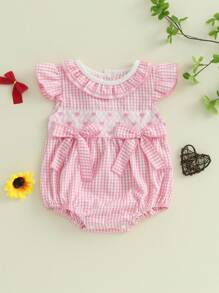 Baby Girls Plaid Bow Embroidery Romper - Ruffled Sleeveless Jumpsuit For Infants - Pink - View 1