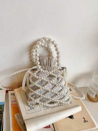 1pc Girls Fishnet Style Pearl Drawstring Closure Fashion Handbag, Hollow Bead Princess Crossbody Bag, Suitable For Children Outfit Matching Or Spring/Summer Daily/Festival Wear