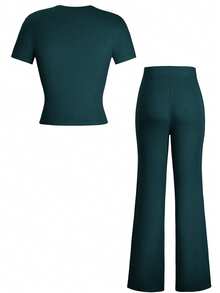 GAOVOT Women's Two Pieces Autumn Y2K Sportswear Casual Daily Solid Color Short-Sleeved Round-Neck T-Shirt Slim Straight-Leg Long Pants Set