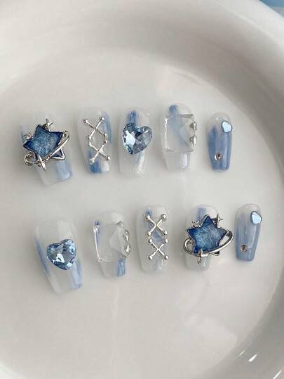 10Pcs Short Coffin Shaped Handmade Exquisite Nail Tips, Luxury Ocean-Inspired Blue Tie Dye With 3D Metal Pentagram & Heart Rhinestone Jewelry Nail Art Design, For Party, Wedding, Daily Wear, Including 1Pc Jelly Gel And 1Pc Nail Buffer Press On Nails Nail Supplies Nails