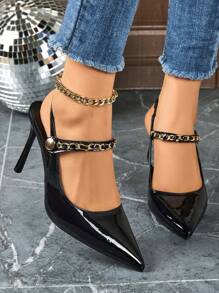 Women's Patent Leather Chain Decor Sexy Pointed Toe Stiletto High Heel Sandals, Fashion French Style