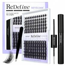 144片装 BEYELAN DIY 睫毛嫁接套装，睫毛簇 Lit D 卷度 10-16mm 混合睫毛嫁接套装，包含睫毛胶水、封层剂、卸妆液和涂抹器，可在家自行嫁接 (JHD16，黑色)