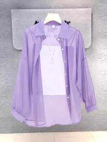 Women's Solid Color Front Button Casual Roll-Up Sleeve Shirt, Sheer Chiffon Long Sleeve Blouse, Lightweight Breathable Fabric, Elegant Design For Office/Party Wear, Spring/Summer - Purple - View 3