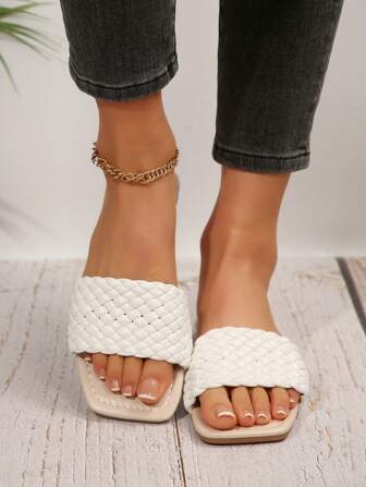 女士编织一脚蹬凉鞋，时尚休闲平底防滑系带夏季拖鞋