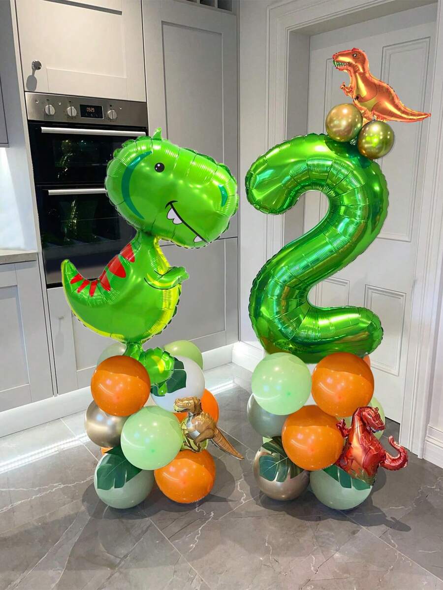 40pcs/Set Tropical Jungle Party Decorations, Including 32" Numeric Balloons (0-9), Cartoon Dinosaur Foil Balloon Decor Numeric Shapes, PE Decor Balloon Columns, Suitable For Birthday Party, Giant Cute Dinosaur Birthday Party Decoration Set, Suitable For Jungle Dinosaur Theme Decorations - 彩色 - 查看 1