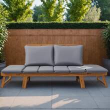 Patio Convertible Couch Sofa Bed With Adjustable Armrest, Acacia Wood Outdoor Daybed With Cushion & Pillow, Folding Chaise Lounge Bench - Grey - View 3