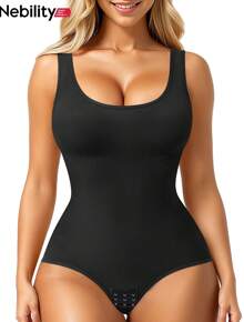 Nebility Womens' Waist Trainer Seamless Round Neck Tummy Control Shapewear Bodysuit - 黑色 - 查看 1