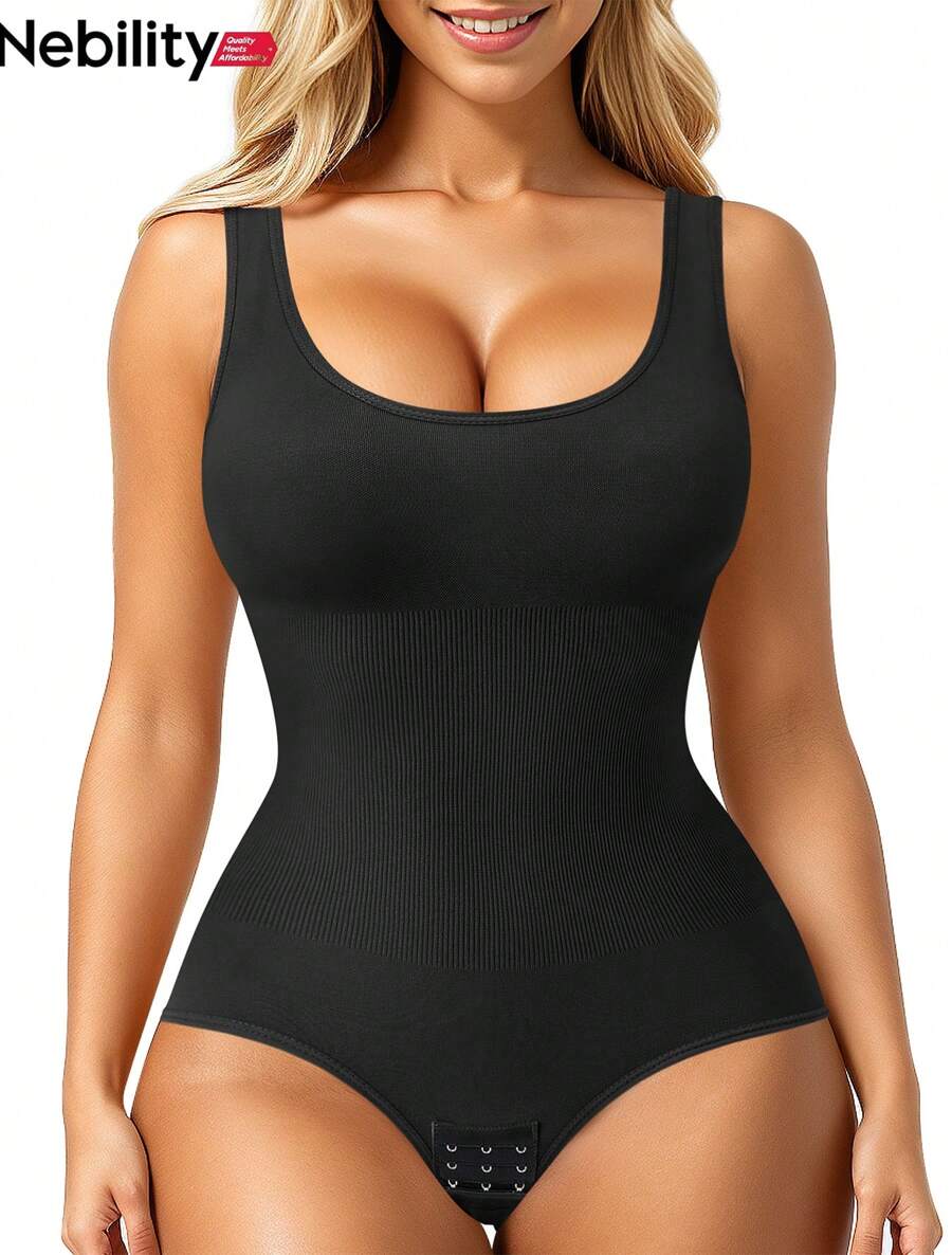 Nebility Womens' Waist Trainer Seamless Round Neck Tummy Control Shapewear Bodysuit - 黑色 - 查看 1