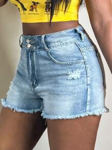 Women's Straight-Leg Denim Shorts Summer Casual Mid Waisted Frayed Raw Hem Ripped Denim Jean Shorts - 淺色水洗藍 - 查看 5