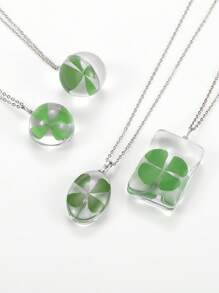 Collar con colgante de trébol de la suerte para mujer, collar cuadrado de resina de vidrio redondo para el día de San Patricio, joyería de plantas de amor y suerte