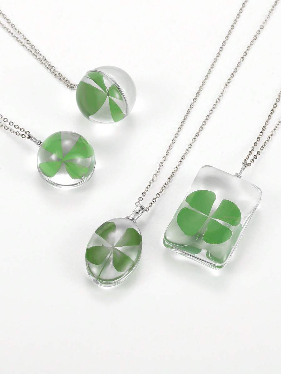 Collar con colgante de trébol de la suerte para mujer, collar cuadrado de resina de vidrio redondo para el día de San Patricio, joyería de plantas de amor y suerte