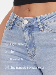 ONESO Mid-Low Rise Baggy Jeans Wide Leg Distressed Denim Pants Stretchy Plus Size - Light Blue - View 4