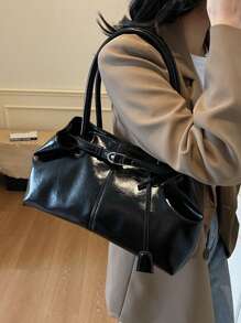 1个女士大容量手提包，PU皮革单肩包，休闲经典简约设计师商务风格包，时尚女士通勤包，黑色、白色、棕色、银色 - 黑色 - 查看 3