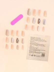 24 件椭圆形、棺材形、方形按压式指甲套装，配有美人鱼水晶猫眼石，包括 1 件果冻凝胶和 1 件锉刀按压式指甲