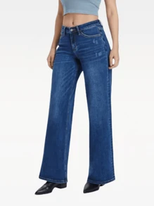 ONESO Mid-Low Rise Baggy Jeans Wide Leg Distressed Denim Pants Stretchy Light Blue/Dark Blue Plus Size - Xanh đậm - Xem 4