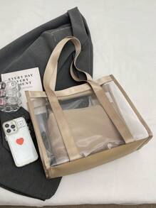 1 件 PVC 透明大容量单肩手提包，女士日常使用果冻沙滩包，带丝带可拆卸内袋，适合旅行、健身 - 卡其色 - 查看 4