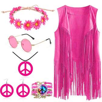 6 Pcs Hippie Costume Clothes Accessories For Women, 70s Fancy Dress Hippy Set 60s 70s Disco Outfits For Carnival And Dress Party Prom