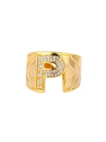 1pc Luxury Zirconia Initial Letter Rings For Women Stainless Steel Chunky Wide Open Finger Ring Hip Hop Fashion Jewelry Gifts