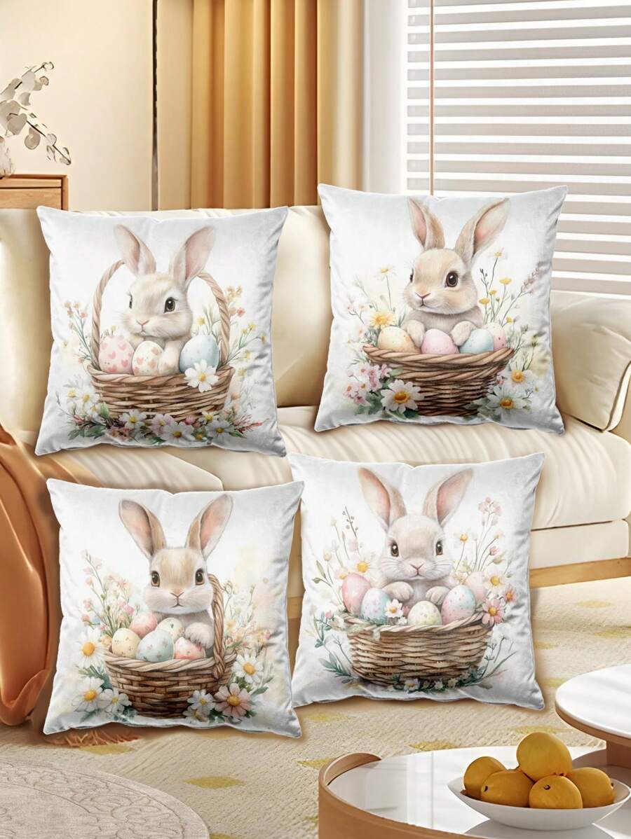 4 件套可爱复活节兔子和鸡蛋篮印花枕套，简约装饰靠垫套，适用于沙发、卧室、客厅、节日礼物，不含枕头，印花位置随机 - 彩色 - 查看 1