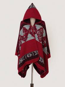 1pc Casual Versatile Jacquard Hooded Poncho Cape