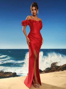 Toosun Elegant 3D Hand Floral Decor Formal Evening Gown Slim Fit And Fishtail Hem Design And High Slit Hem, Party Dress, Wedding Guest Dress, Evening Dress - Red - View 6