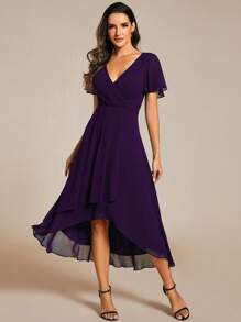 Elegant Ruffle Hem Contrast Color High-Low A-Line Midi Chiffon Plum Bridesmaid Dress, Wedding Guest Dress, Mother Of The Bride Dress, Autumn Spring - Purple - View 7