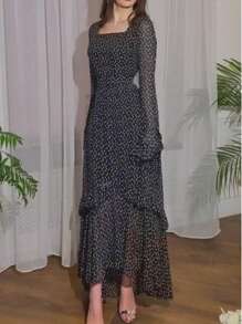 Vestido irregular con parches de manga de volantes de gasa con lunares para mujer - Negro - Ver 6