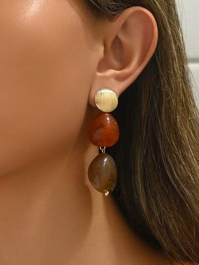 1 Pair Elegant Sexy Asymmetrical Geometric, Wavy, Faux Jade, Multi-Color Floral, Wood Grain, Ink Wash Pattern Resin Pendant Earrings With Golden Heart Stud, Suitable For Party, Holiday, Vacation Wear. Each Resin Bead Has Unique Color Blend And Pattern, Mold Marks Are Normal