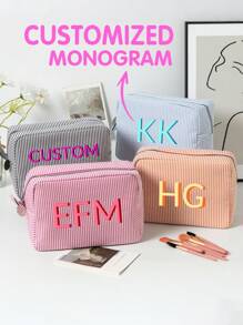 Neceser de maquillaje personalizado con monograma, bolsa con inicial personalizada, bolsa de tocador de gran capacidad a rayas, organizador de viaje de moda - Multicolor - Ver 1