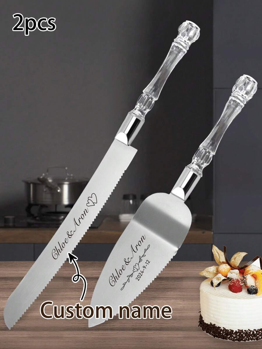 Customizable Name Knives,2Pcs Custom Crystal Handle Cake Cutting Set For Wedding, Personalized Stainless Steel Cake Knife With Name, Knife Size: 33.5cm/13.2in, Shovel Size: 27.5cm/10.8in, Wedding Cake Knife And Server Set, Cake Cutting Set For Wedding,Graphic Print - Silver - View 1