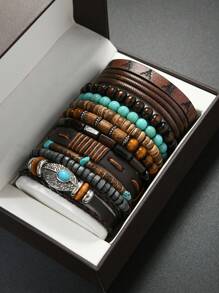 11 pièces Bracelet vintage en turquoise, en PU perles en bois, métal fait main tressé, parure de bijoux de décoration empilable unisexe, sans boîte
