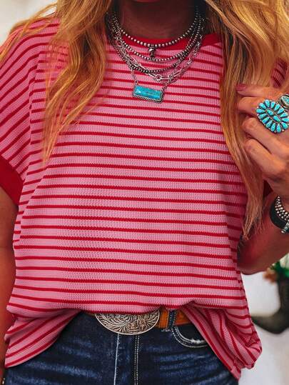 CILKOO Zomer T-shirt met vleermuismouwen, gestreepte gebreide details en ronde hals