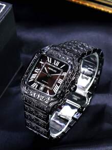 1pc Men's Black Steel Band Fashion Retro Engraved Square Dial Roman Numeral Automatic Mechanical Watch