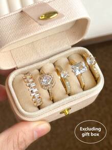 5pcs Copper Inlay Cubic Zirconia Rings Set, Elegant & Sophisticated Style, Suitable For Wedding, Party, Holiday Gifts, Bride - Yellow Gold - View 3