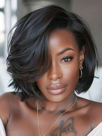 Short Bob Wig Synthetic Hair Wig Natural Looking 10 Inch Yaki Straight Bob Wigs Brown Side Part Short Cut Striaght Wigs Yaki Texture Wig For Women Pixie Short Hair Daily Life Use
